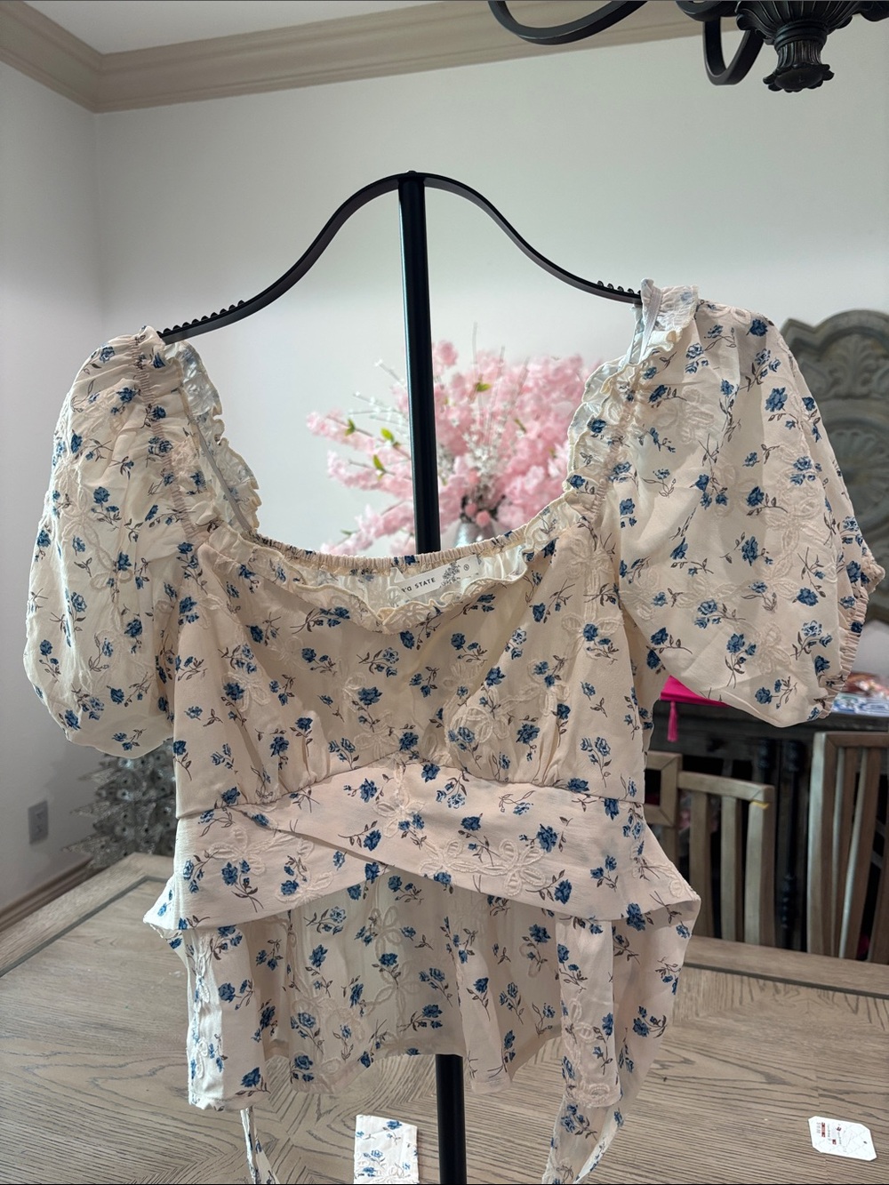 Altar'd State Cream Floral Puff Sleeve Kids Dress with Blue Print